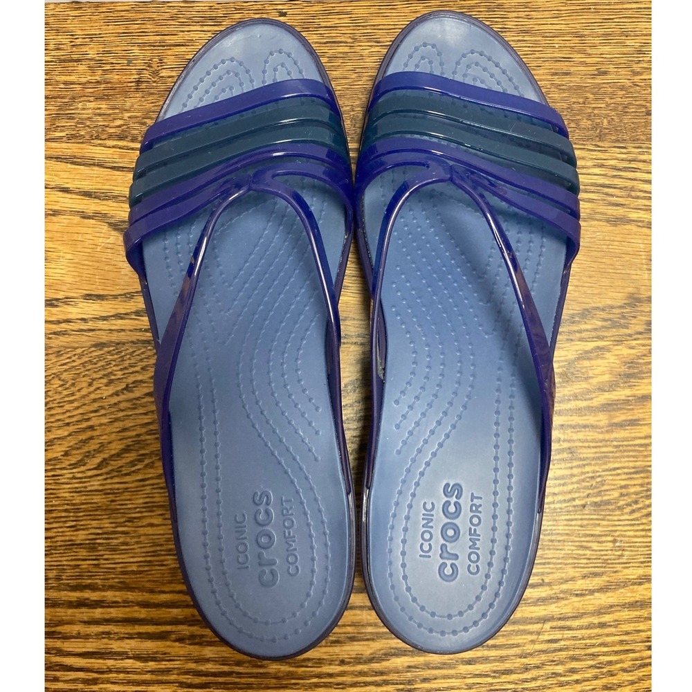 Crocs Isabella Strappy Wedge Sandals Navy Blue Teal Womens 10 Comfort Slip On - Picture 6 of 7